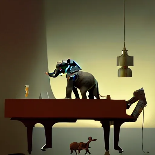 Image similar to An elephant playing piano for other animals in a bar, details, smooth, sharp focus, illustration, realistic, cinematic, artstation,, award winning, artwork by Sergey Kolesov