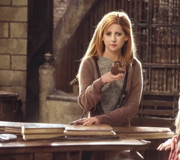 Image similar to a movie still of sarah gellar as buffy speaking to ron weasley in the movie harry potter