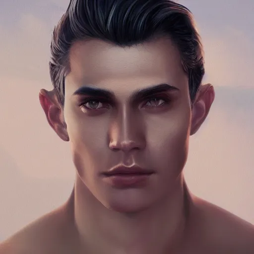 Prompt: ethereal aesthetic painting of a beautiful man with tan skin and short dark hair, clean shaven, scar on temple, angelic, 4k, trending on artstation