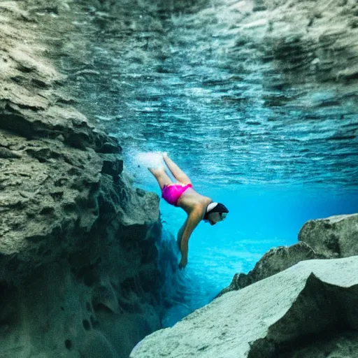 Prompt: girl swimming in underwater cave