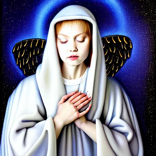 Image similar to beautiful high details hyper realistic painting of white angel in the hood coming from space with giant ball of miracle light from the chest!!!!!, 4 k hd face!!!, fashion cute face, no gender, giant silver holographic wings, by jan van eyck, holography space, white sparkles everywhere, thin strokes, high textures, silver background