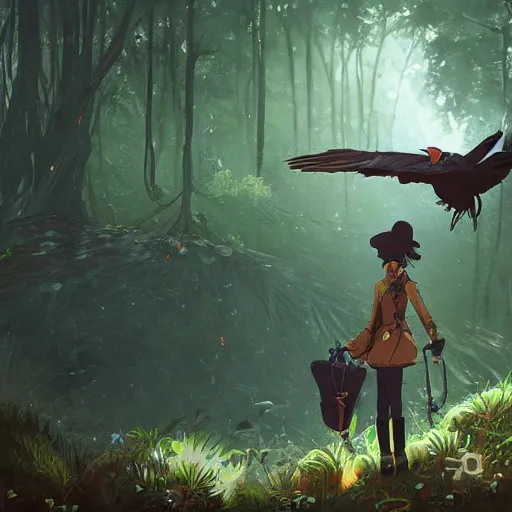 Image similar to concept art painting of an anthropomorphic crow person with steampunk clothes, in the deep forest, realistic, detailed, cel shaded, in the style of makoto shinkai and greg rutkowski and james gurney