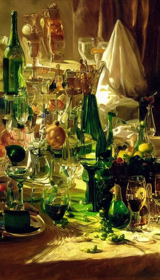 Image similar to still life painting of midsummer party and mysterious green light, by Peder Krøyer, golden hour, dramatic lighting, volumetric lighting, epic, gargantuan, intricate detail, canvas print, wine