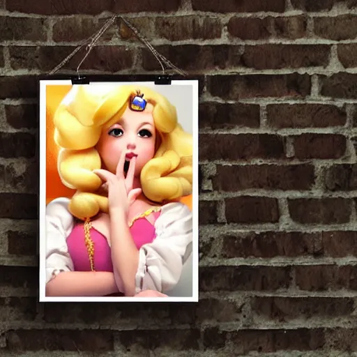 Prompt: poster of princess peach hanging on a wooden wall, realistic photo