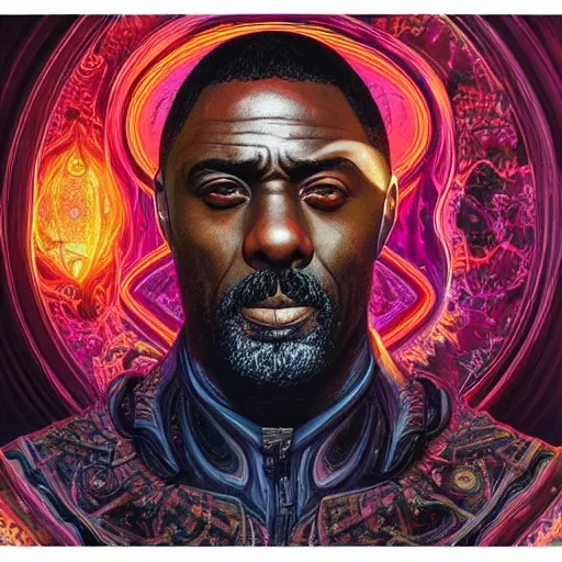 Image similar to portrait of idris elba, hyper detailed masterpiece, neon floral pattern, jean giraud, digital art painting, darkwave goth aesthetic, psychedelic, artgerm, donato giancola and tom bagshaw