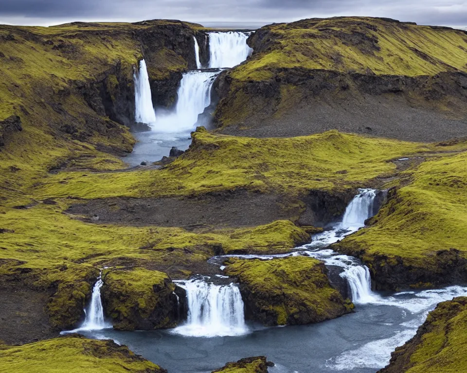 Image similar to an icelandic landscape, waterfall, hyper - realistic