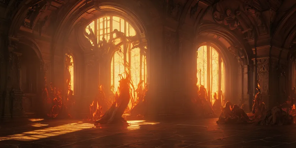 Prompt: ultra realistic, artstation, concept art, natural lighting, by artgerm and greg rutkowski and alphonse mucha and wlop, demons, fire, hell interior with surrounded archways. rendered in octane render with photorealistic lighting, 8 k, hd