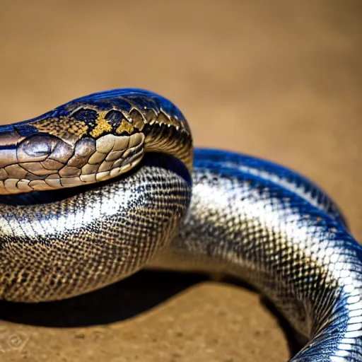 Image similar to large coiled snake with a chrome skull as the head, XF IQ4, f/1.4, ISO 200, 1/160s, 8K, RAW, unedited, symmetrical balance, in-frame