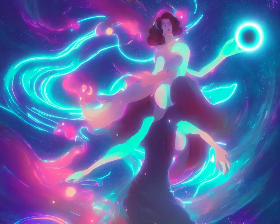 Prompt: a beautiful whimsical woman standing under a multi-colored binary blackhole with an accretion disc, casting magic, glowing trails following her arms, acidwave, by Lois van Baarle, by Greg Rutkowski, by artgerm, by beeple, by studio ghibli, cinematic angle, volumetric lighting, 4k resolution, octane render, trending on artstation, masterpiece