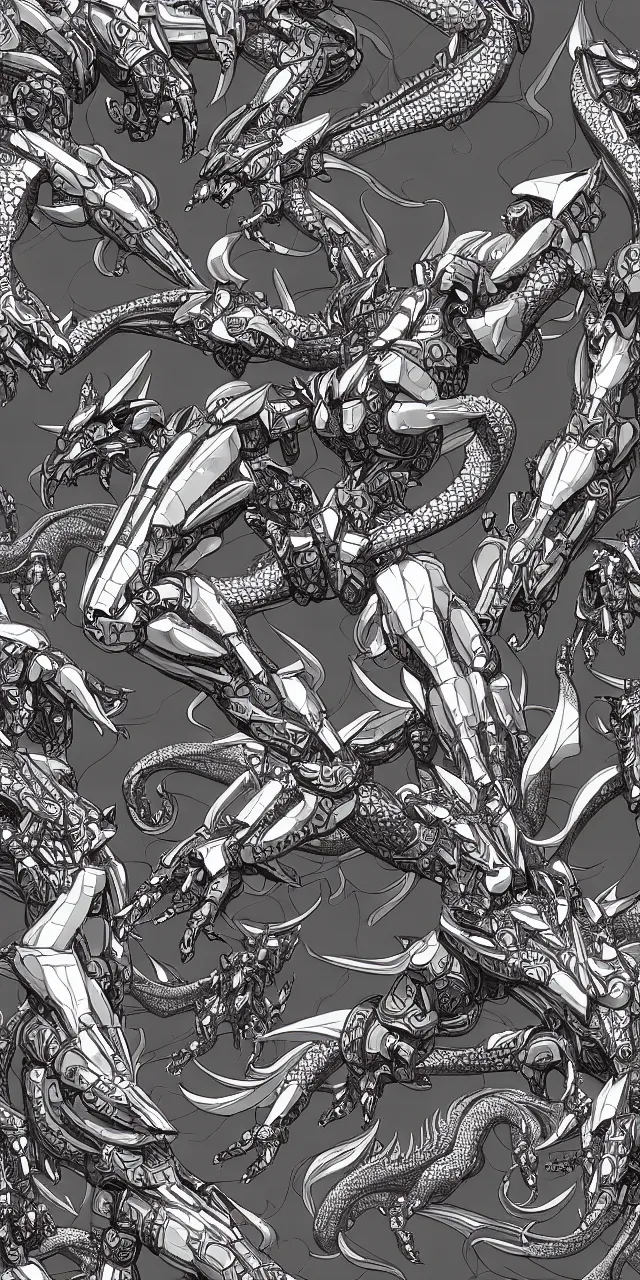 Prompt: a seamless pattern of giant galactic sized beautiful hot anthropomorphic robot mecha female dragons, detailed sleek silver armor, epic proportions, epic scale, symmetric, seamless pattern, tileable pattern, highly detailed digital art, futuristic, macro art, warframe fanart, destiny fanart, anthro, giantess, macro, furaffinity, deviantart, 8k 3D realism