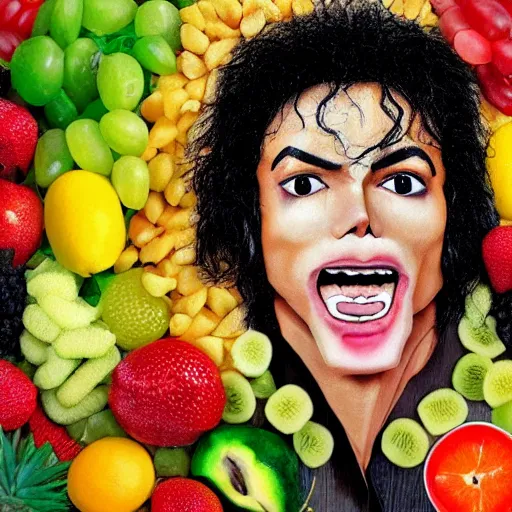 Image similar to michael jackson but his face is made out of fruit. food magazine photo, 8 k