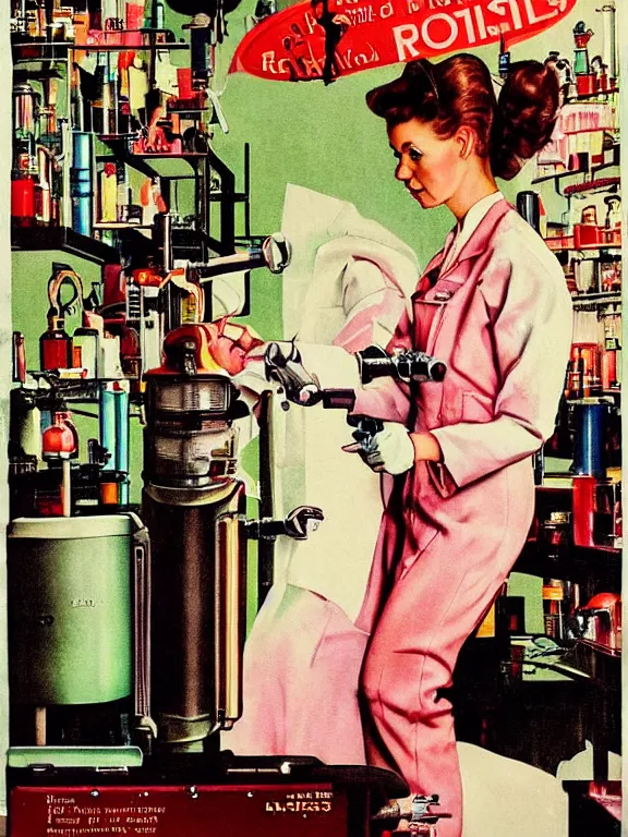 Prompt: a female mad scientist in a laboratory coat assembling a partially - built retro robotic!!! man!!! in a suit, in a darkly lit laboratory room surrounded by test tubes and jars, 1 9 5 0 s horror film movie poster style, ( norman rockwell oil painting ), retro vintage, saturated pink and green lighting, shadowy lighting