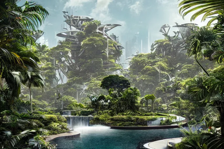 Image similar to brutalist futuristic white Aztec structures, manicured garden of eden, pools and streams, tropical foliage, birds, sculpture gardens, Spring, by Jessica Rossier and Brian Froud