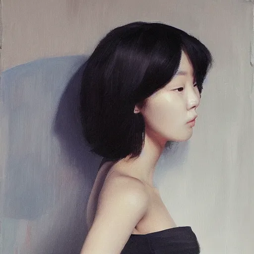 Image similar to portrait of a beautiful korean girl with long hair and bangs wearing a tuxedo, angular features, oil on canvas, elegant pose, masterpiece, Jonathan Yeo painting