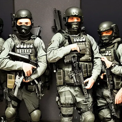 Prompt: An elite swat team in a dark hotel