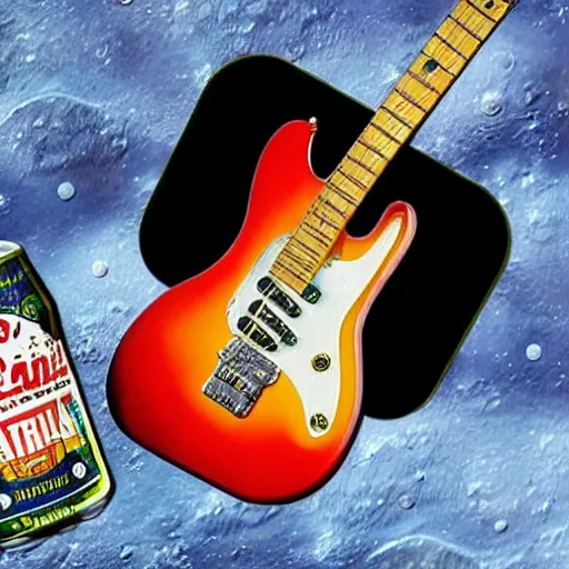 Image similar to a detailed, realistic, idle, regular sized electric guitar next to a detailed, realistic, idle, regular sized beer can on the moon. detailed photo. realistic photo