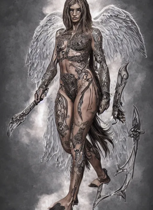 Prompt: Portrait of Ratajkowski as an angel warrior legs, completely covered by armour and runes , angelical runes tattooed all over his legs, intricate down body, whole body, highly detailed, digital painting, artstation, concept art, smooth, sharp focus, illustration, art by Hajime Sorayama