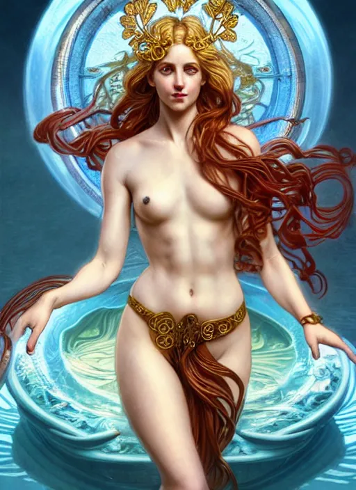 Prompt: the greek goddess aphrotite, blond hair, body draped in water, steampunk, beautiful glowing eyes, volumetric lights, red and cyan theme, art nouveau botanicals, intricate, highly detailed, digital painting, artstation, concept art, smooth, sharp focus, cinematic, illustration, beautiful face, art by artgerm and greg rutkowski and alphonse mucha