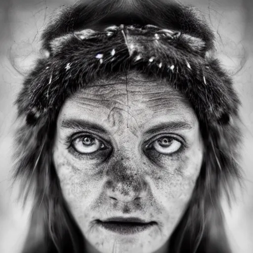 Prompt: Award Winning Portrait of a prehistoric weathered English Female with beautiful eyes wearing pelts and a leather headband by Lee Jeffries, 85mm ND 5, perfect lighting,