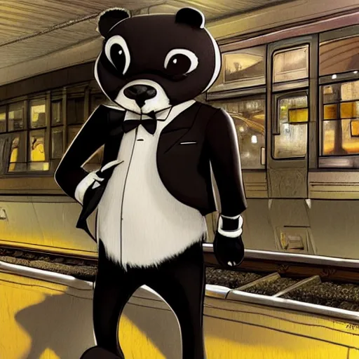 Prompt: anthropomorphic furry badger wearing a tuxedo at a train station , Artstation