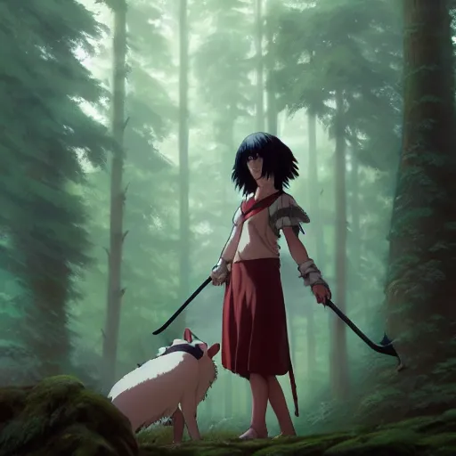 Image similar to realistic render of princess mononoke by ross draws, forest background by ilya kuvshinov, digital anime art by ross tran, composition by sana takeda, lighting by greg rutkowski