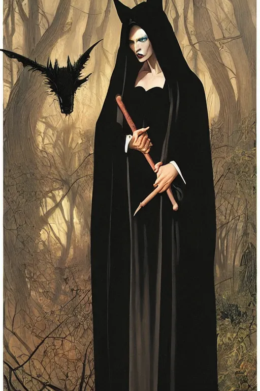 Prompt: a vampire wearing a long black robe with large bat ears huge black eyes and gray skin, character art, painting by james c christensen