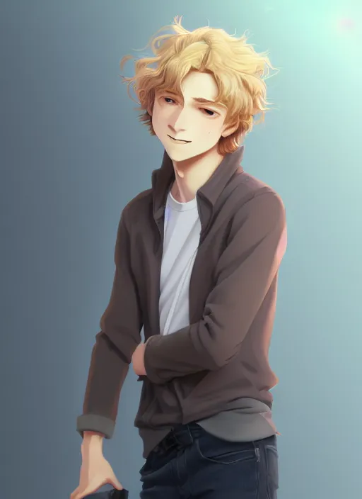 Image similar to young man with medium - length, curly, golden hair, perfectly proportioned face, aquamarine eyes, smile, natural lighting, path traced, highly detailed, high quality, cartoon, digital painting, by new haicheng and studio ghibli