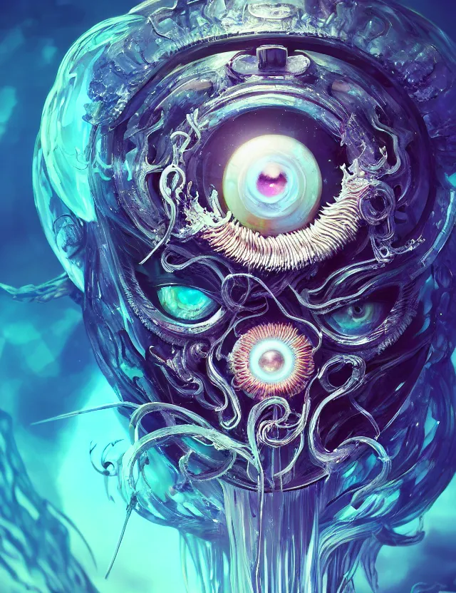 Prompt: eye of god macro close - up portrait with mask made of ram skull. betta fish, jellyfish phoenix, plasma, ice, water, wind, creature, super intricate ornaments artwork by tooth wu and wlop and beeple and greg rutkowski