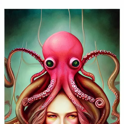 Image similar to queen of octopus, portrait, pink and gold, nouveau, beautiful, by Anato Finnstark, Tom Bagshaw, Brom