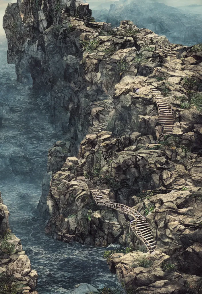 Image similar to kodak portra 4 0 0, photographic and realistic epic vast staircase carved into rock cliff side, photorealistic, hyper detailed, 8 k, movie still, artstation, unreal engine,