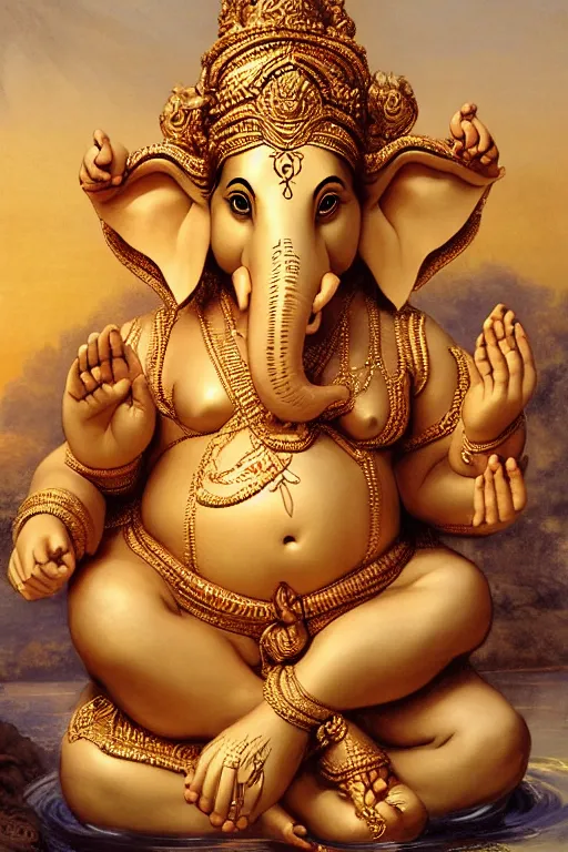 Image similar to Lord Ganesha, golden hour, near a tropical pool, artstation, by J. C. Leyendecker and Peter Paul Rubens,