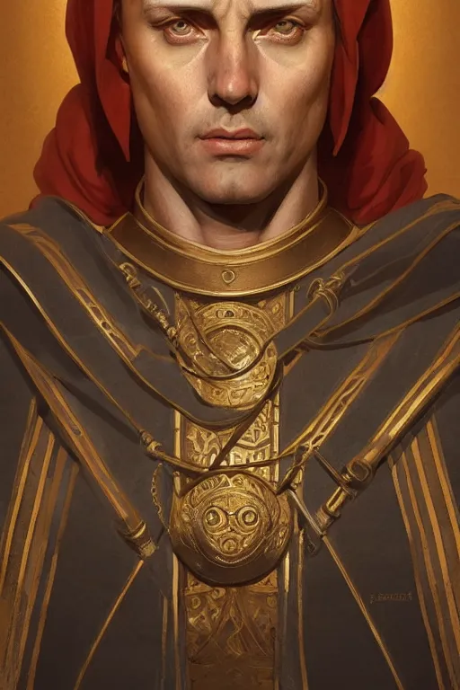 Image similar to medieval rome emperor, realistic portrait full body, symmetrical, highly detailed, digital painting, artstation, concept art, smooth, sharp focus, illustration, cinematic lighting, art by artgerm and greg rutkowski and alphonse mucha