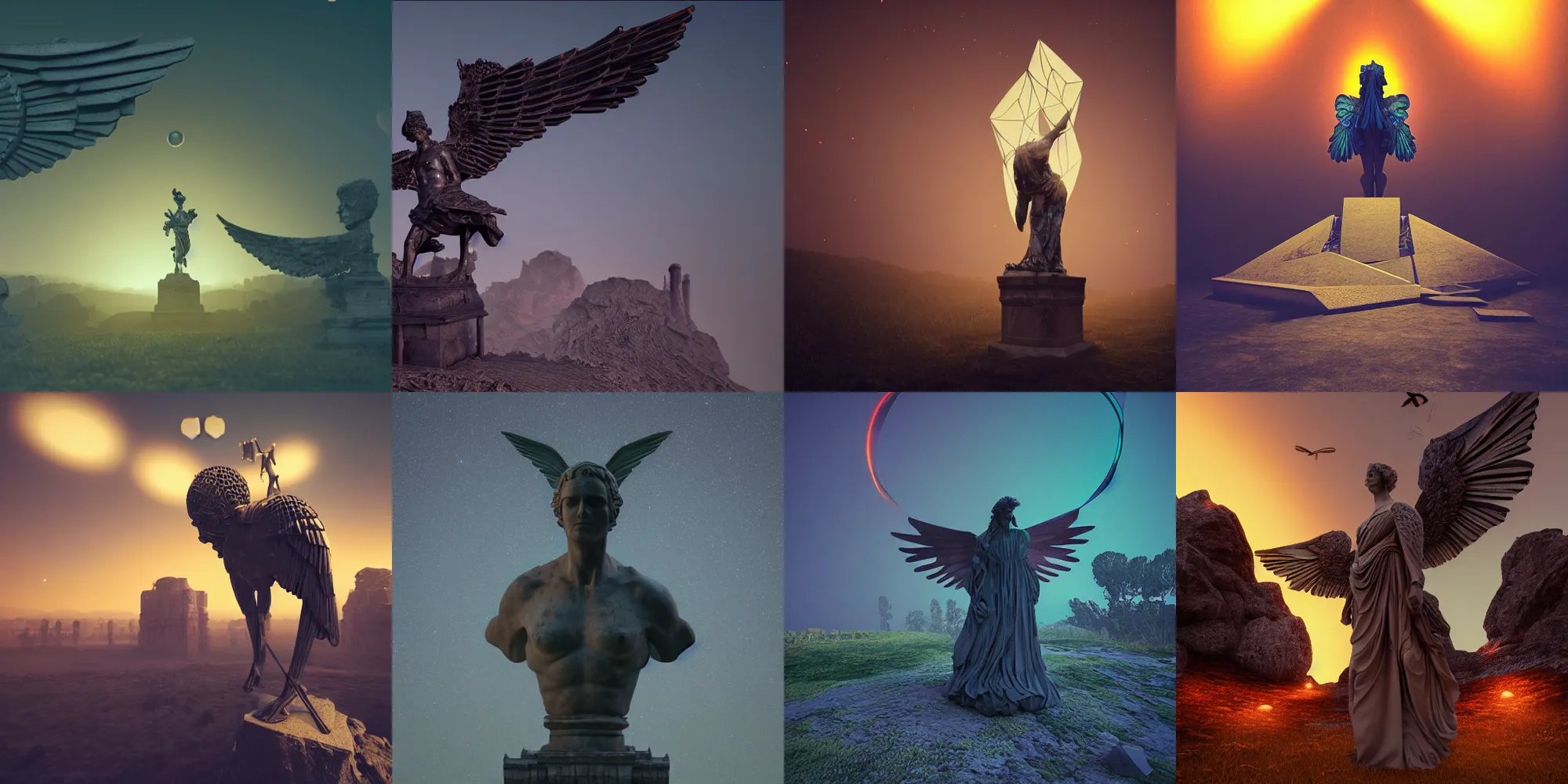 Prompt: beautiful dark landscape, old roman statue with wings, glowing rhombicosidodecahedron, in the style of beeple and Mike Winkelmann, photo real, ultra realistic, intricate, epic lighting, 8k resolution, unreal engine 5, ultraviolet colors,