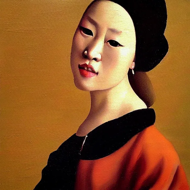 Image similar to a beautiful painting coco lee, by jan vermeer realistic oil painting