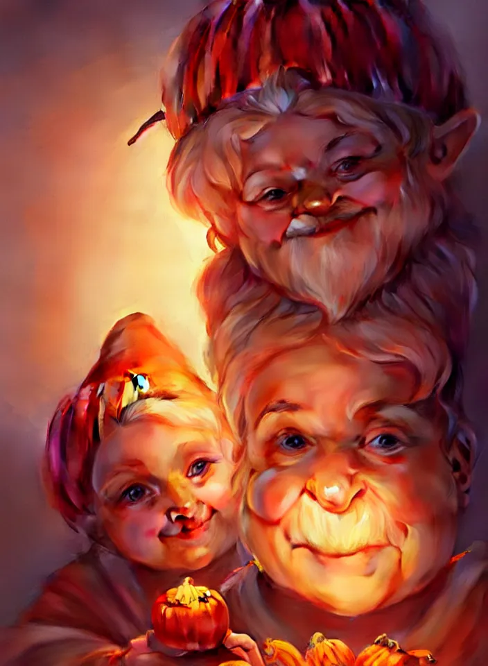 Image similar to hand drawn cute one gnomes face in autumn and pumpkin, detailed closeup face, concept art, low angle, high detail, warm lighting, volumetric, godrays, vivid, beautiful, trending on artstation, art by artgerm and greg rutkowski and alphonse mucha