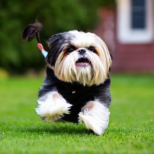 Prompt: a shihtzu dog chasing a meatball in a yard outside