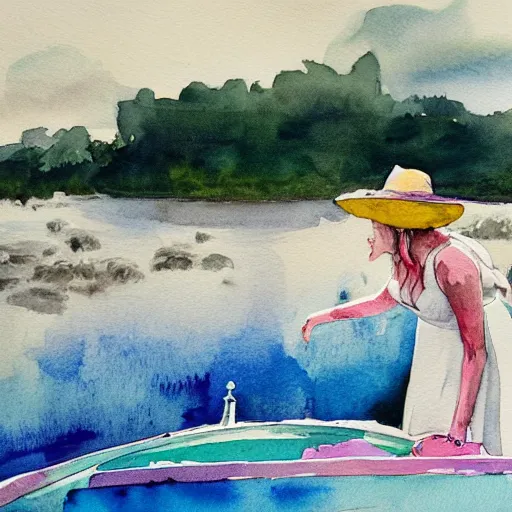 Prompt: a woman with a white dress and a white hat in a colorful boat in the middle of a river, watercolor, clouds, daylight, blue sky