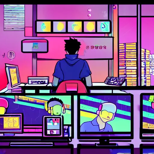 Prompt: a man sitting on his computer staring at several computer monitors showing crypto trades, colourful, chill, neon glow, gamer, playstation 2, digital illustration, in style of lofi hip hop digital painting by james jean, kishimoto, wlop and toriyami togashi, inspired by hirohiko araki