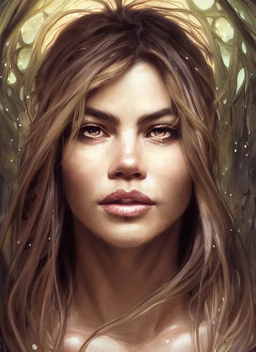 Prompt: Portrait of Sofia Vergara, white glowing eyes, fantasy, extremely detailed, digital painting, artstation, concept art, smooth, sharp focus, illustration, stunning lighting, art by artgerm and greg rutkowski and alphonse mucha and simon stalenhag, realistic character concept, high fantasy, light atmosphere, golden ratio, cinematic lighting, hyperdetailed, high resolution, insanely detailed and intricate, artstation, Marc Simonetti, Greg Rutkowski, 8k