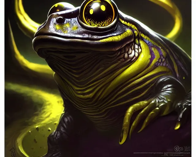 Prompt: black frog with deep big yellow eyes, deep focus, d & d, fantasy, intricate, elegant, highly detailed, digital painting, artstation, concept art, matte, sharp focus, illustration, hearthstone, art by artgerm and greg rutkowski and alphonse mucha