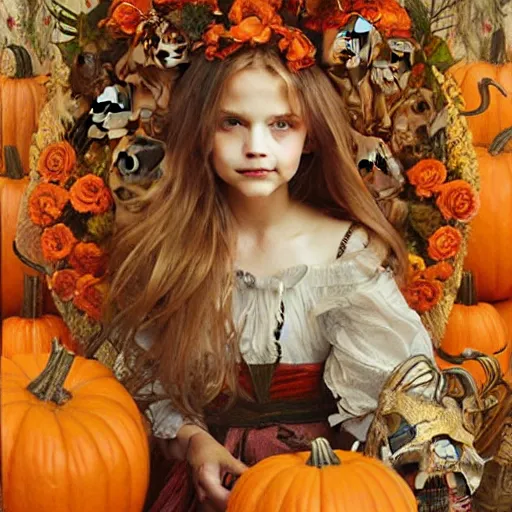 Image similar to a happy little girl with long straight golden blonde hair sitting amidst halloween decor, skulls and pumpkins. beautiful highly detailed face, beautiful painting by artgerm and greg rutkowski and alphonse mucha