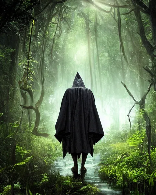 Image similar to a wise wizard walking towards an ominous swamp in a densely overgrown, eerie jungle, fantasy, stopped in time, dreamlike light incidence, ultra realistic