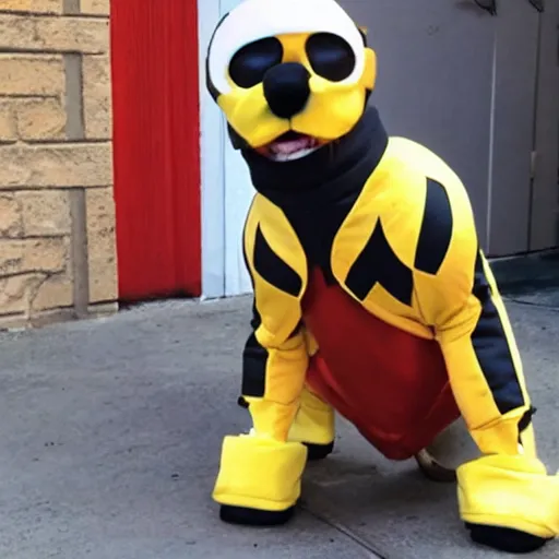 Prompt: dog in a shazam suit