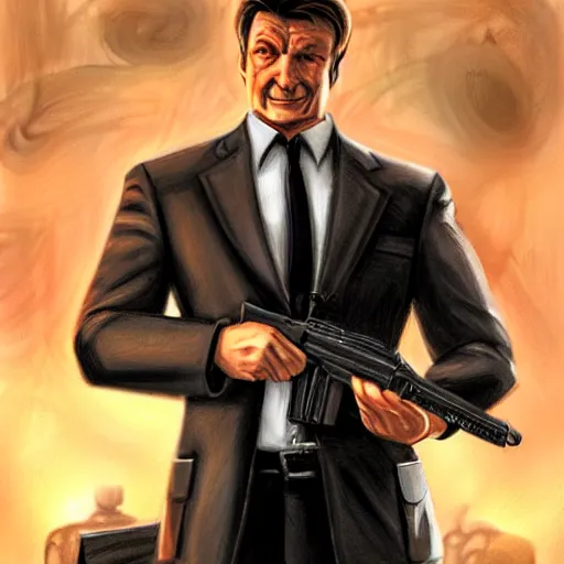 Image similar to Nathan Fillion as James Bond in Goldeneye, D&D, muscular, fantasy, intricate, elegant, highly detailed, digital painting, artstation, concept art, smooth, sharp focus, illustration, art by artgerm and greg rutkowski and alphonse much