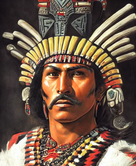 Prompt: portrait of a handsome aztec warrior in old tenochtitaln, art by denys tsiperko and franz xaver kosler and bogdan rezunenko, hyperrealism