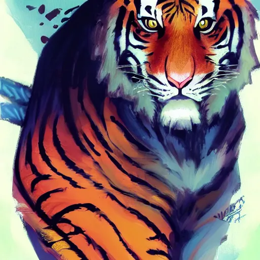 Image similar to a tiger wearing a dress, illustration concept art anime key visual trending pixiv fanbox by wlop and greg rutkowski and makoto shinkai and studio ghibli and kyoto animation symmetrical facial features