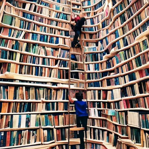 Prompt: a person climbing up a giant stack of books