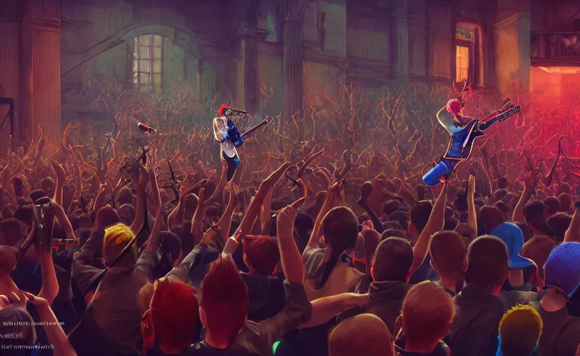 Image similar to 4 punks in school uniform with mohawks stand on stage with guitars and drums and microphones and yell day, foreground fight of ravers and punks, by marc simonetti, tyler edlin, deviantart, ray tracing, octane render, digital art, realistic, high quality, 8 k