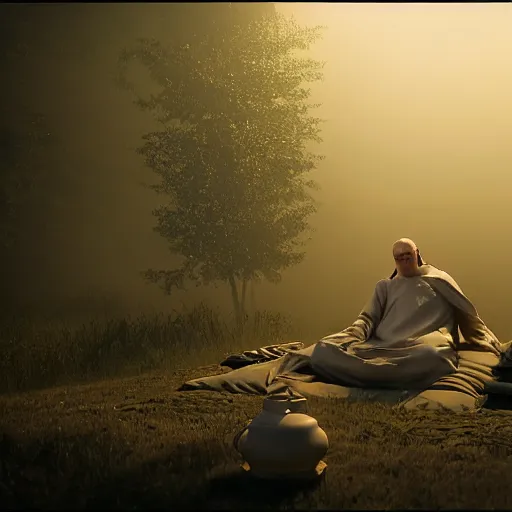 Prompt: a priest sleeping in a large clay pot, foggy, sun rays, cinematic shot, photo still from movie by denis villeneuve, unreal engine 5