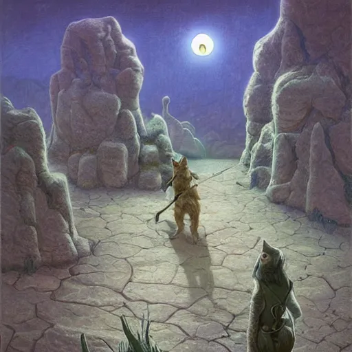 Image similar to A cat soldier searching for secret shelter in the green moonlit desert, surrealism, by Tyler Edlin and Jean Delville,